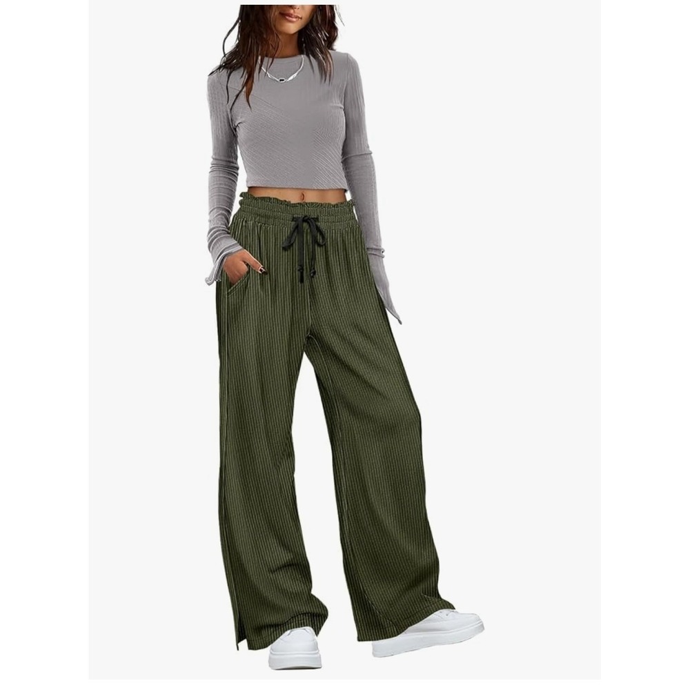 Olive Green Corduroy Wide Leg Palazzo Pants Drawstring Waist Casual Trousers‎